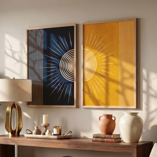 Image of YANVEER Modern Sunburst Abstract Wall Art Painting | Boho Minimalist Sun Art Home Decoration Painting With Frame For Living Room Bedroom Office Wall Decor Size (13X17 inch)
