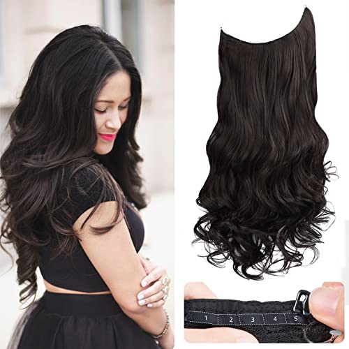 REECHO Invisible Wire Hair Extensions with Transparent Headband Adjustable Size Removable Secure Clips in Curly Wavy Secret Hairpiece for Women 20 Inch - Black Brown