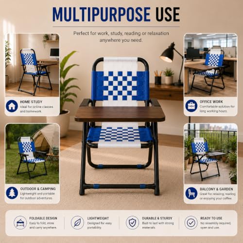Image of Study Chair for Home with Writing Pad, Foldable Study Chair for Students, Niwar Seat and Back, Metal Frame, Folding Student Seat for Reading, Writing and Laptop Work, (Blue & White)
