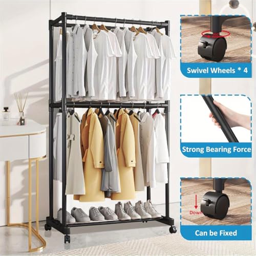 Image of Owme Portable Double Layer Clothes Drying Stand for Home | 2 Tier Rolling Laundry Rack with Wheels | Stainless Steel Garment Drying Rack for Balcony, Bedroom & Utility Area - POLE BLACK