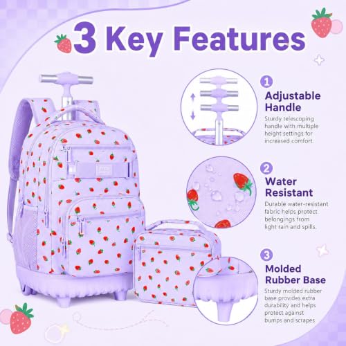 Image of 3Pcs Rolling Backpack for Girls Women, Travel Roller Backpacks with Wheels for Adults, Teens College Strawberry Wheeled Bookbag with Lunch Box (Purple)