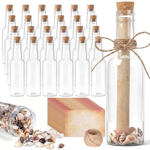 Wenqik 25 Set Message in Bottle Kit 5.6oz Plastic Potion Bottles with Corks Letter Paper Sea Shells Vintage Ocean Message Bottle Set DIY Crafts Gift for Wedding Birthday Beach Party Invitations