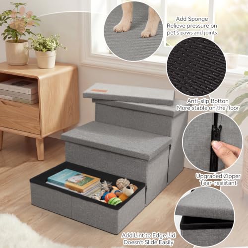 Image of Zerbuger Dog Stairs with Storage, Small Grey 3 Steps Dog Ramp no Condo | 18 inch H Wider Dog Steps for High Beds Couch, Folding Storage Pet Stairs Gift for Climbing Small /Medium /Large Old Dogs Cats