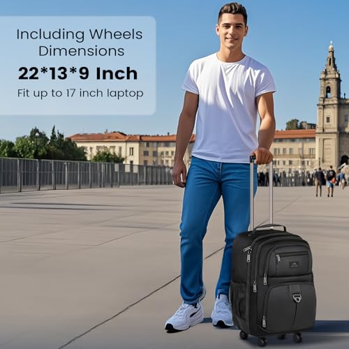 MATEIN Rolling Backpack with 4 Wheels, 17 inch Water Resisatnt Roller Spinner Backpack for Men, Large Busines Travel Wheeled Bag, Airline Approved Carry on Luggage Suitcase Bag, Black - Image 3