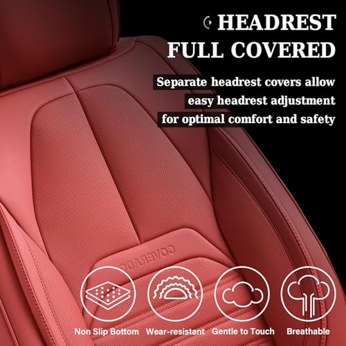 Image of Coverado Car Seat Covers Full Set, Red Seat Covers for Cars, Automotive Seat Covers, Waterproof Nappa Leather Front Seats and Back Car Seat Protector, Universal Fit for Most Cars SUV Trucks