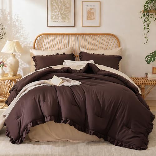 Image of JANZAA Brown Comforter Set Full - Soft Microfiber, Lightweight All Season Bedding, Ruffle Shabby Chic Aesthetic, Breathable Cozy Bed Set with 2 Pillow Shams, Machine Washable
