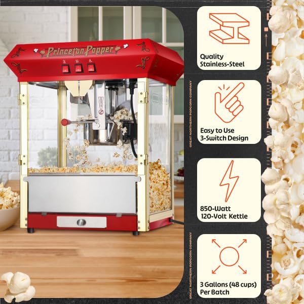 Princeton - Máquina de palomitas de maíz de 8 onzas con hervidor de acero inoxidable, bandeja de rechazo de granos, luz cálida y accesorios de Great Northern Popcorn (rojo)