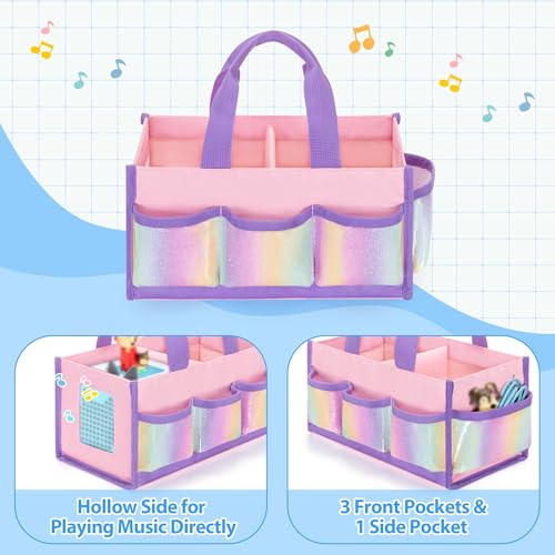 Image of Carrying Case Compatible with Toniebox 2 /1, Handle Bag for Audio Player Starter Set, Accessories Storage Pockets for Figures, Cables, Hollow Side Design for Playing Music Directly, Pink, Case Only
