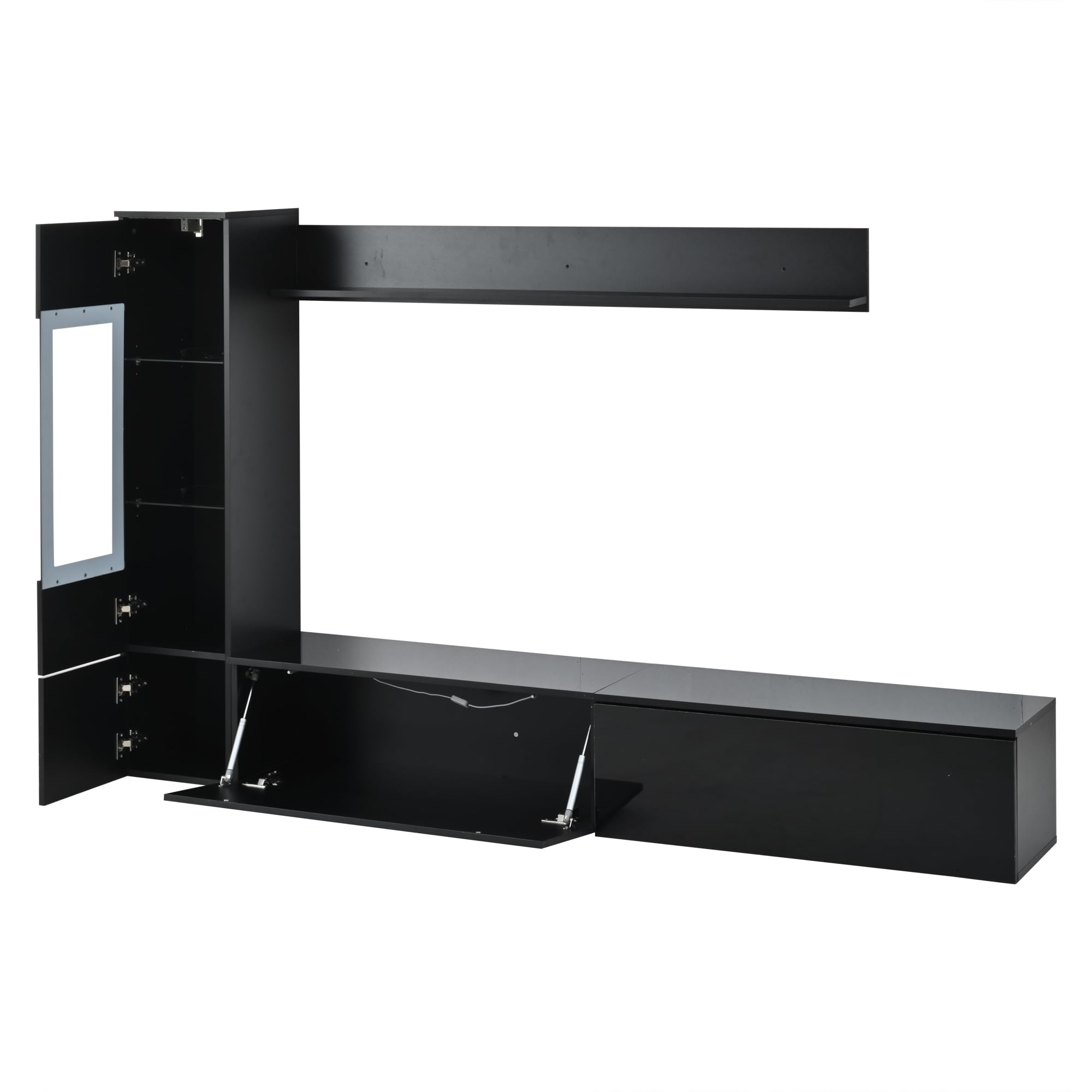 Wiuzo Set da Parete per TV, 3 Pezzi, Illuminazione a LED, Nero Lucido, Set di Mobili da Soggiorno, Parete Frontale Nero, 1 Armadio TV, 1 Vetrina per Soggiorno, 1 Mensola Sospesa, TV Fino a 80"