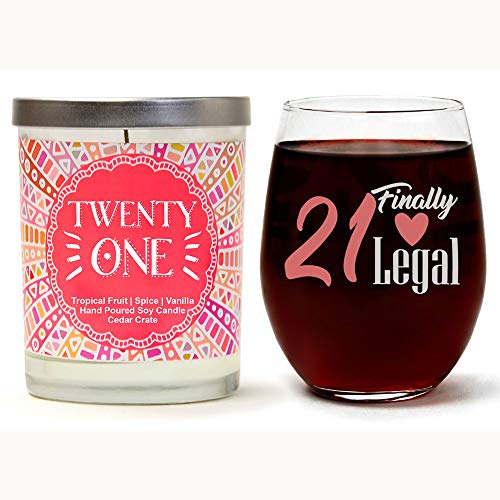 21 Finally Legal Birthday Candle Gift Set | Cute Stemless 15 oz. Wine Glass | Twenty One Soy Candle | Tropical Fruit, Spice, Vanilla | Happy 21st Birthday Gifts for Women | Birthday Gift Boxes