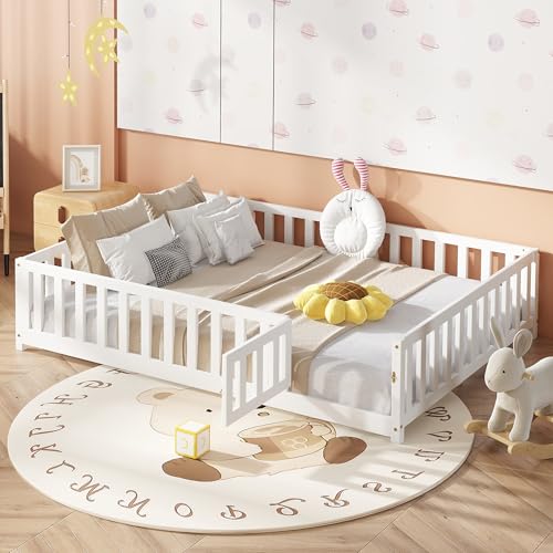 Bellemave Floor Bed Full Size Montessori Bed Frame with Fence and Door, Wooden Full Platform Bed for Kids, Boys Girls, Solid Wood Full Bed, No Box Spring Needed (White)