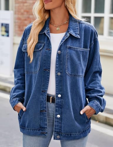 Womens Denim Jacket Blazer Button Down Casual Loose Long Sleeve Vintage Jean Jackets Tops4