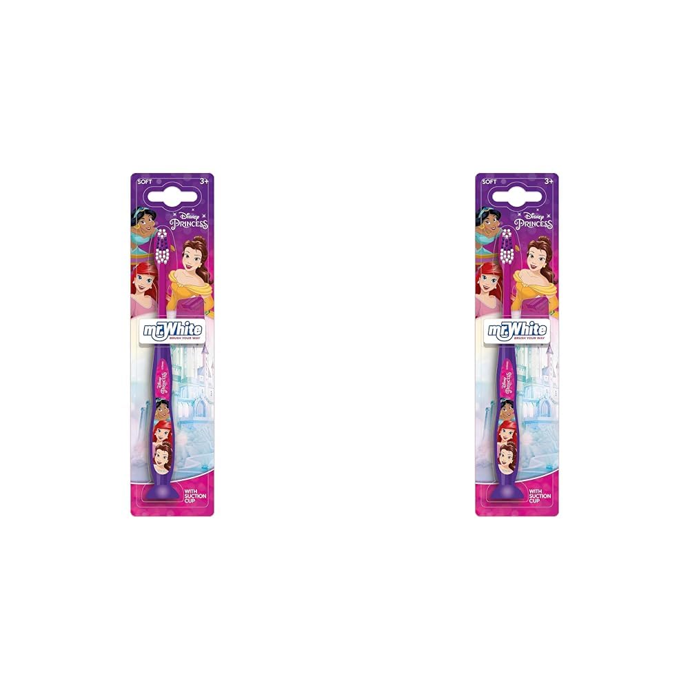 Princess Toothbrush with Protection Cap, Suction Cup, Comfortable Handle and Soft Bristles for Kids (Pack of 2)