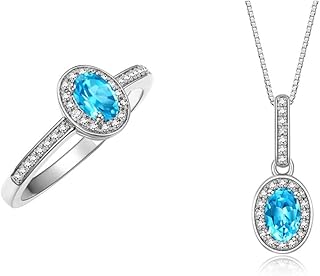 Rylos Women's 14K White Gold Halo Pendant Necklace & Matching Ring. Gemstone & Diamonds, 18" Chain. 6X4MM Birthstone. Perf...