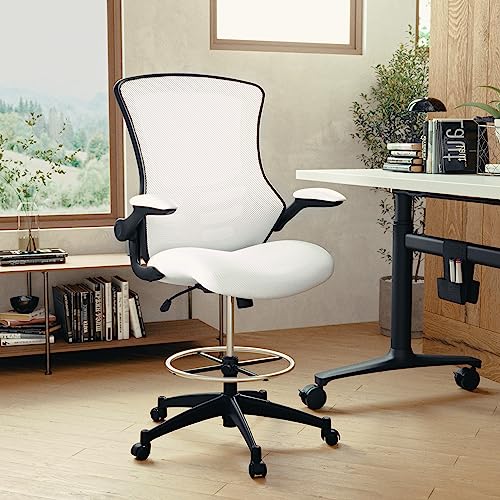 Image of Flash Furniture Kelista Mid-Back White Mesh Ergonomic Drafting Chair | Adjustable Foot Ring, Flip-Up Arms | Comfort and Productivity