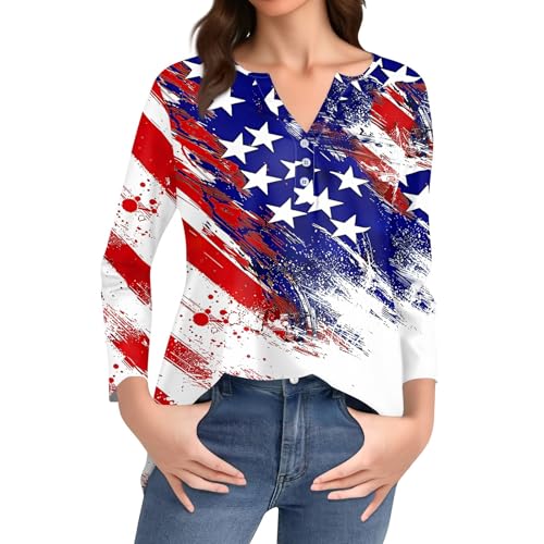 Image of 4th of July Shirts Women 3 /4 Length Sleeve Womens Tops Henley Neck Casual Patriotic T Shirts