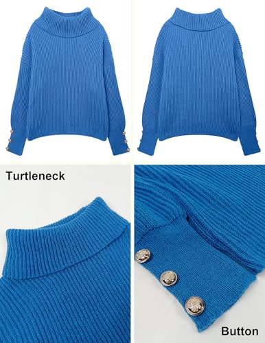 Image of Libsorge Women's Dressy Oversized Turtleneck Sweaters Fall 2024 Casual Winter Ribbed Knit Button Long Sleeve Pullover Sweater Blue S