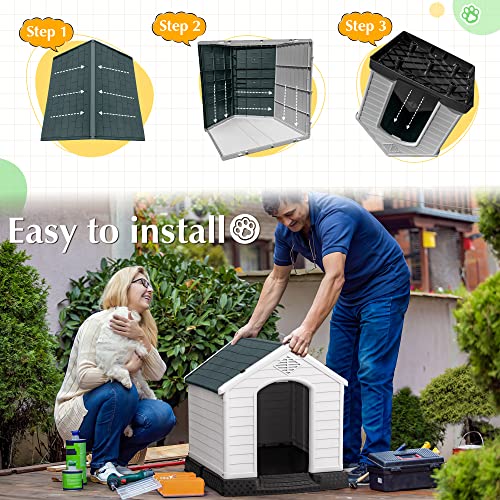 Rankok Waterproof Plastic Dog House, 34.5’’ Outdoor Indoor Doghouse for Small, Medium, Large Sized Dogs, Insulated Puppy Shelter with Elevated Floor, Dog Kennel Easy to Assemble (Gray, 34\") - Thumbnail 7