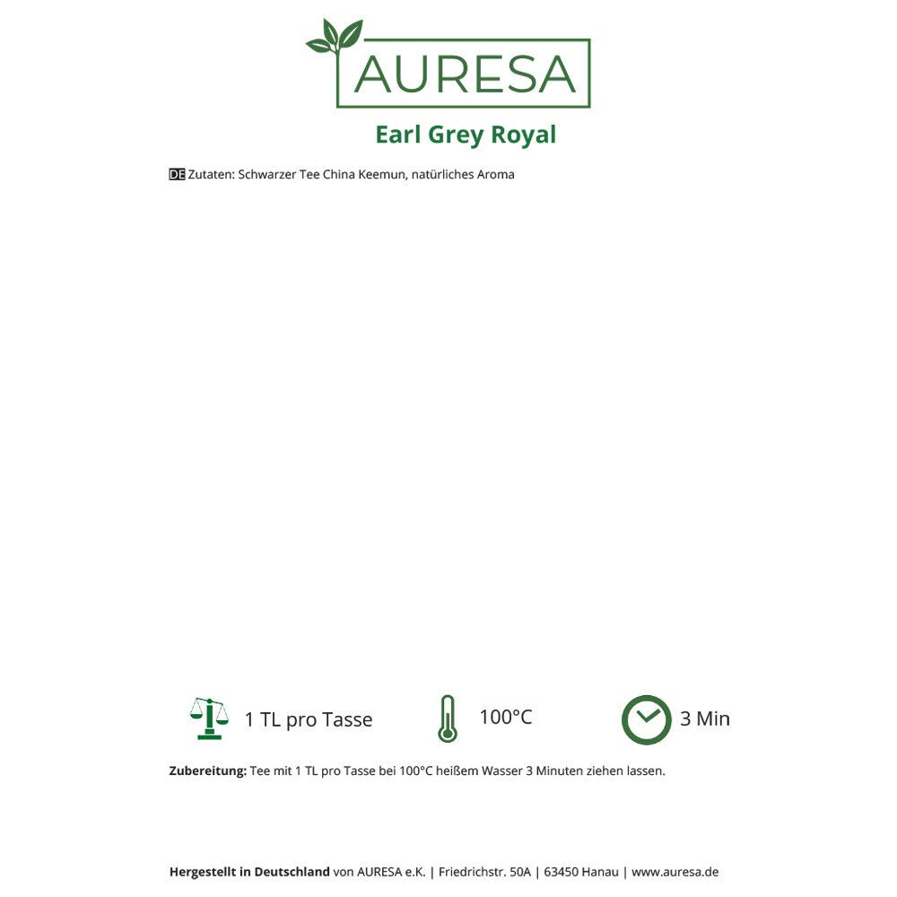 AURESA Schwarztee Earl Grey Royal | Schwarzer Keemun mit Bergamotte | Rauchiger Tee aus der Provinz Anhui
