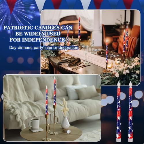 Image of Aurelema 8 Pcs Patriotic Candles Flameless Taper Candles with Remote & Timer 4th of July American Flag Flameless Candlesticks Flickering Real Candle for Independence Day Decoration (Retro Style)
