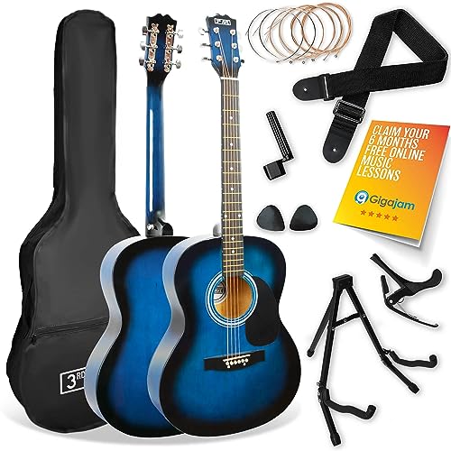 Image of 3rd Avenue Full Size 4 /4 Acoustic Guitar Pack for Beginners - 6 Months FREE Lessons, Gig Bag, Picks, Spare Strings, Stand, Strap, Capo - Blue Blueburst