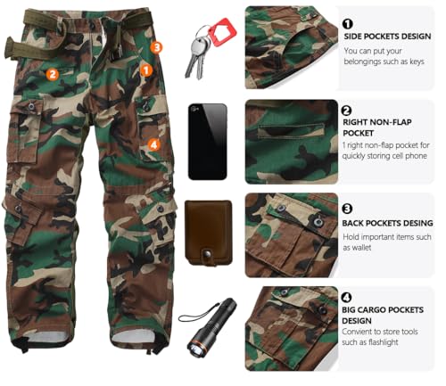 KOCTHOMY Cargo Pants for Men Cotton Camo Casual Pants Relaxed Fit Hiking Pants Men Work Pants with Multi-Pocket 3354 Jungle Camo 364