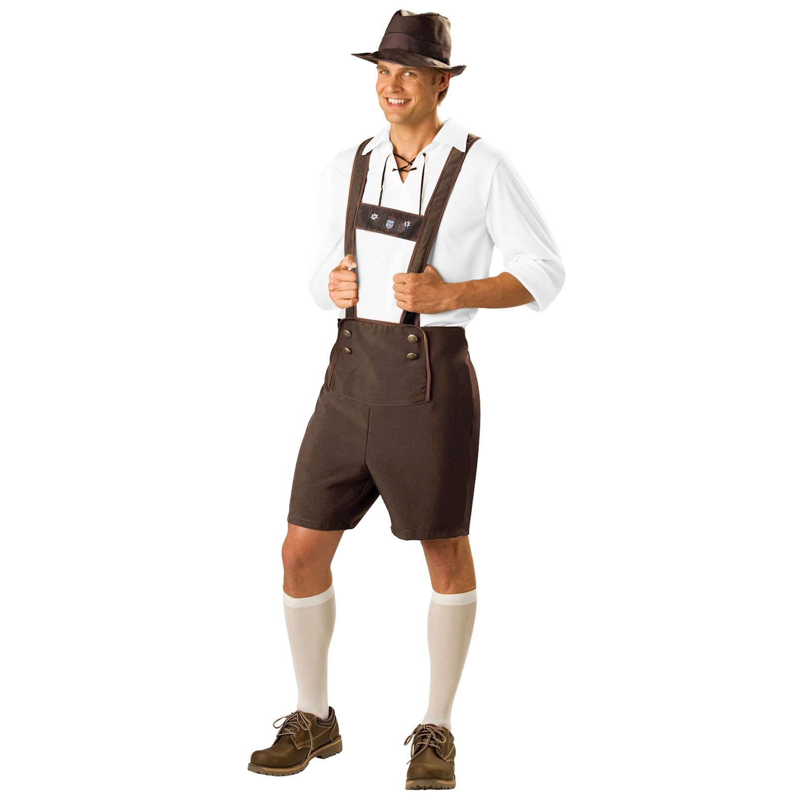 Oktoberfest Costume Men Lederhosen White Shirt & Hat 3-Piece October Festival Outfit Traditional German Heritage Celebration Jumpsuit Bavarian Themed Fancy Dress & Halloween Wear