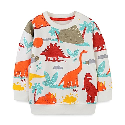 Kids Cute T-Shirt Kids Sweatshirts Soft Cotton Warm Crewneck Cartoon Dinosaur Long Sleeve Pullover Tops For Boys