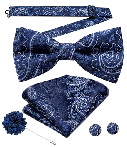 Image of Hi-Tie Bow Ties for Men Pre-Tied Pocket Square with Cufflinks Mens Bowtie Sets for Wedding Formal Party