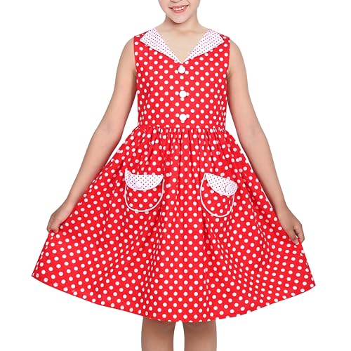 Sunny Fashion Girls Dress Blue Polka Dot Pocket Pleated Summer Sleeveless Cotton
