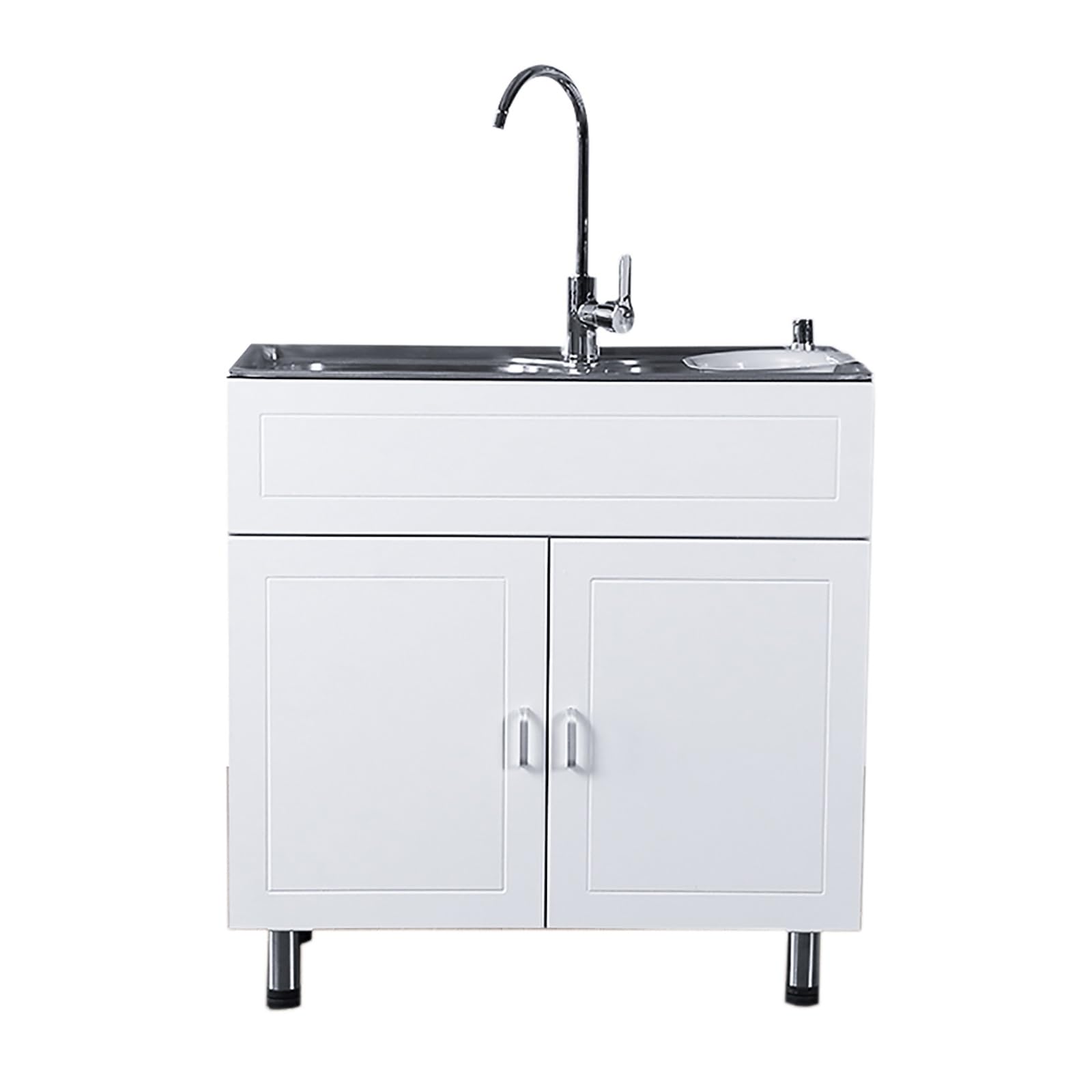 Commercial Utility Sink with Cabinet and Drainer Unit for Garage, Restaurant, Kitchen, Laundry Room - Single Bowl Sink with Cold and Hot Faucet