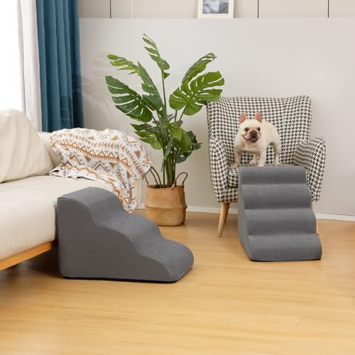 Image of Aodisman Dog Steps for Bed or Couch,4-Step Pet Stairs Ramp for Small Dogs | 17.4 inch H Indoor Non-Slip Dog Stairs Help Senior Dogs,Short-Legged Breeds,Puppies and Cats to Reach Beds and Chairs,Grey