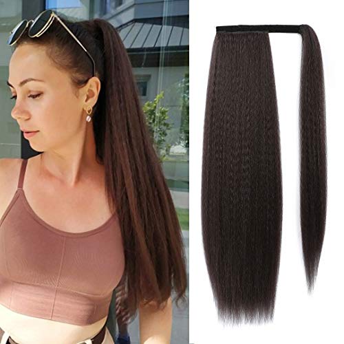 Long Ponytail Extension 24 Inch Clip-in Kinky Straight Ponytail Extension Wrap Around Synthetic Yaki Ponytail Magic Paste Ponytail Hairpiece for Women (Color: 4#)