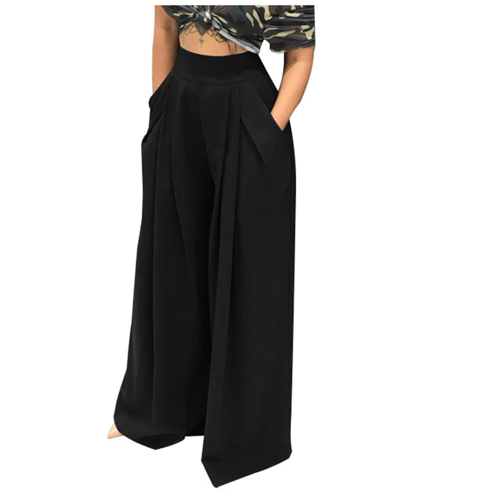 NATHGAM Wide Leg Pants for Women High Waist Baggy Stretchy Pleated Flowy Palazzo Pants Solid Oversized Trousers with
