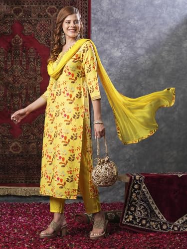 Image of GoSriKi Women's Cotton Blend Printed Straight Kurta and Pant with Dupatta Set