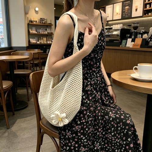 Image of 1pcs Beach Bag Crochet Bags For Women Stylish Mesh Bag, Shoulder Baging foring Everyday Use Collection, with Flower Brooch Summer Vacation Knitted Boho Bags for Women Off White