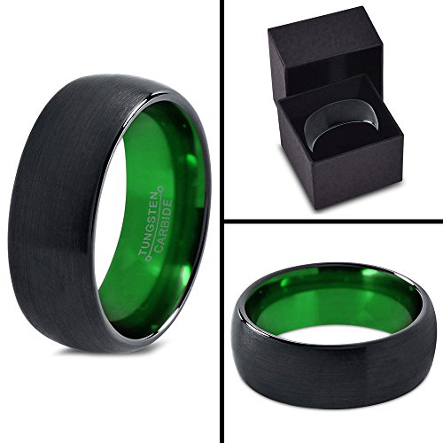 Chroma Color Collection Tungsten Carbide Wedding Band Ring 8Mm For Men Women With Green Interior And Black Exterior Dome Style Brushed Polished Comfort Fit Anniversary Size 11.5 #TOP6