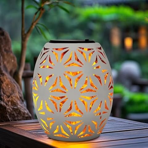Outdoor Solar Table Lantern Waterproof White Flower Hollowed-Out Solar Powered Metal Light Dancing Flickering Flame LED Garden Light Decorative Table Lamp for Outside Patio Porch Lawn Pathway Indoor Cover