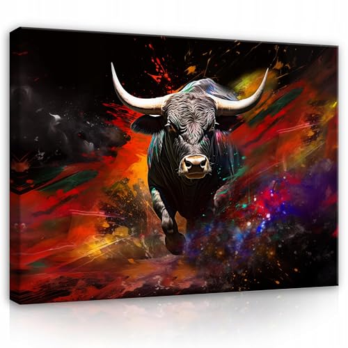 WallArena - Impression sur toile - Taureau - 100x70 cm - Tableau decoration murale - Tableau mural...