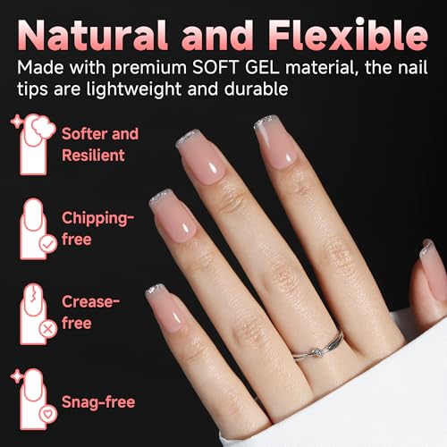 Image of UNA GELLA 600Pcs Short Square Gel Nail Tips, Square Press on Nails Pre Etched Full Cover Soft Gel Nail Tips No C Curve For Women Girl DIY French & Chrome Style Salon At Home 12 Sizes