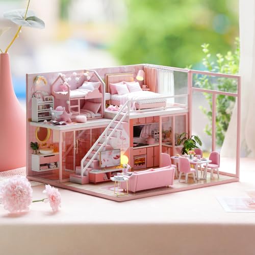 Image of TuKIIE DIY Miniature Dollhouse Kit with Furniture, 1:24 Scale Creative Room Mini Wooden Doll House Accessories Plus Dust Proof & Music Movement for Kids Teens Adults(Meeting Your Sweet)