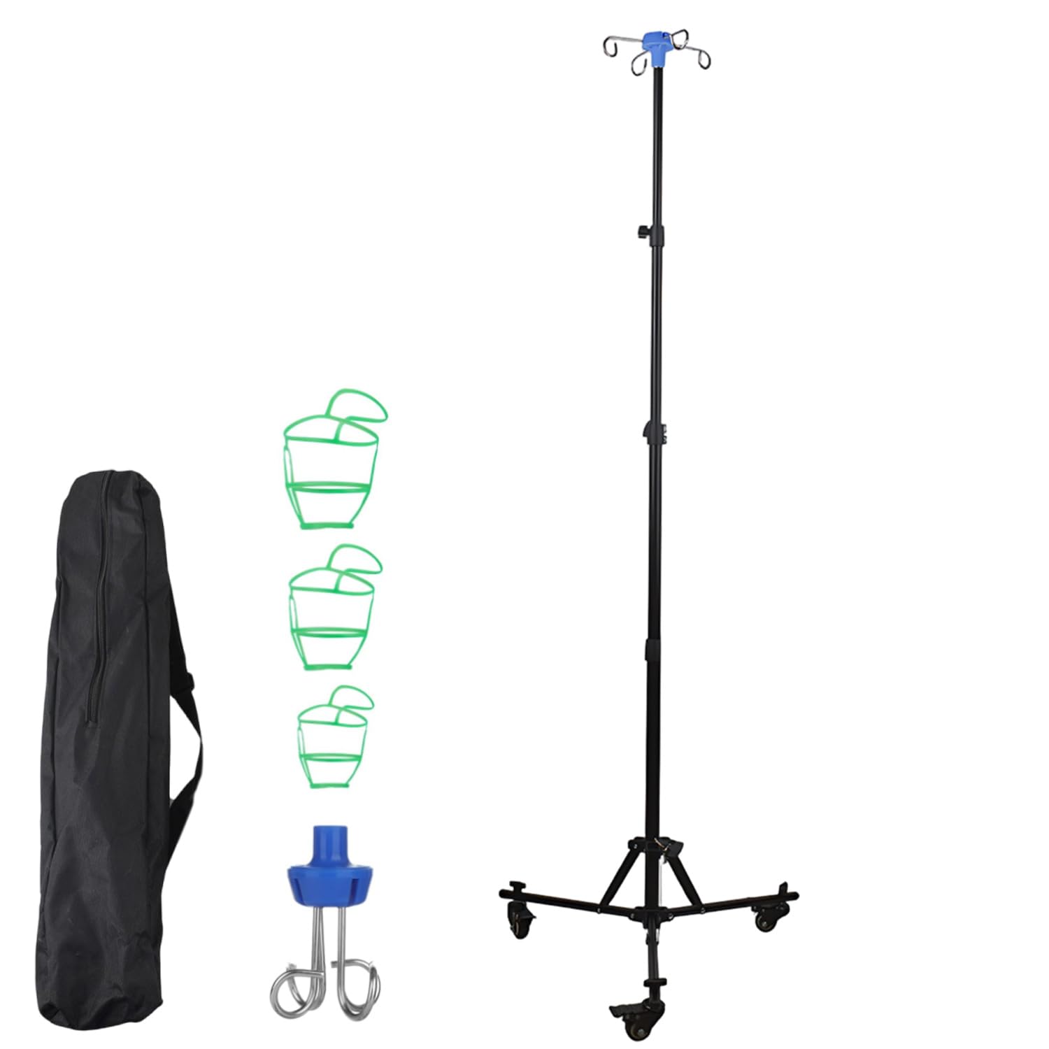 Supporto per infusione con ruote, supporto per infusione pieghevole con 4 ganci, 3 ruote, supporto per infusione in acciaio inox, altezza regolabile da 90 a 190 cm