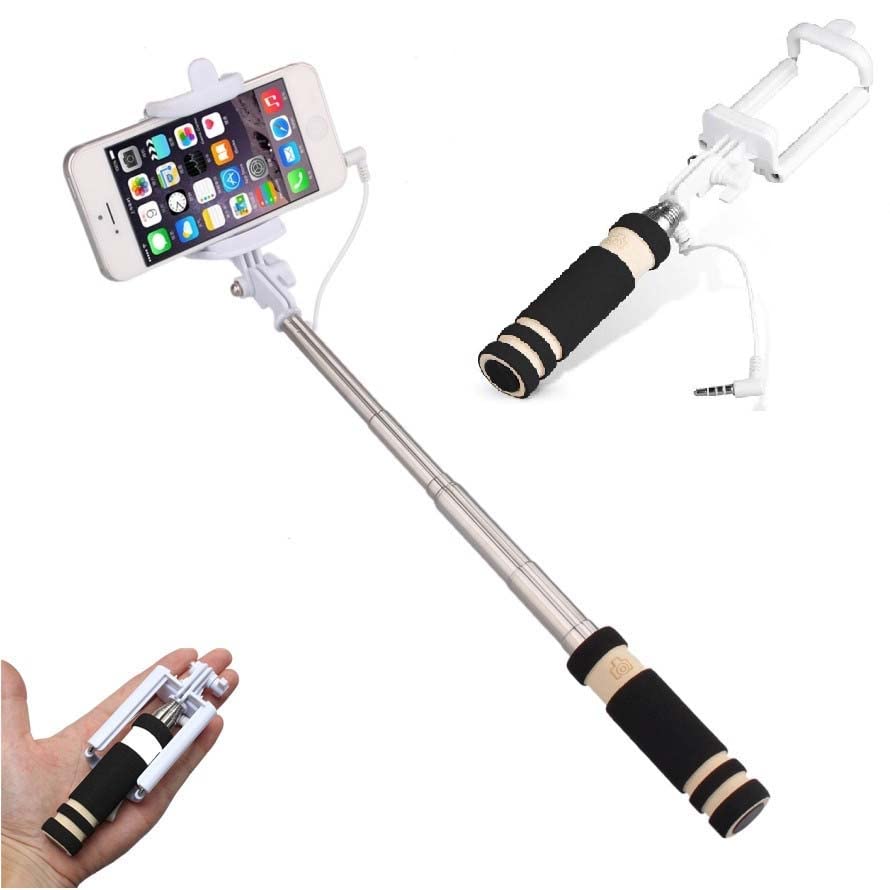Perche Selfie Metal pour IPHONE 7 Plus Smartphone avec Cable Jack Selfie Stick Android IOS Reglable Bouton Photo (BLEU