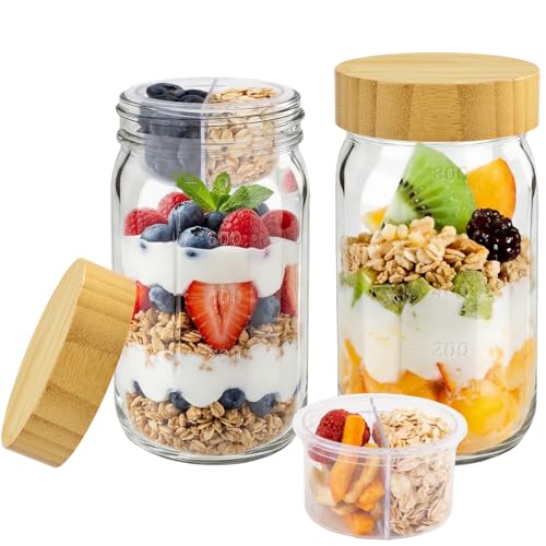 Aevcvok 2 Overnight Oats Jars 940ml Tarros de Cristal con Tapa Hermética,Botes de Cristal con Capa Separadora-Separación de Alimentos Secos y Húmedos,Frascos de Vidrio con Tapa para Yogur,Ensalada