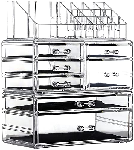 Cq acrylic Makeup Organizer Skin Care Large Clear Cosmetic Display Cases Stackable Storage Box With 7 Drawers,Set of 3