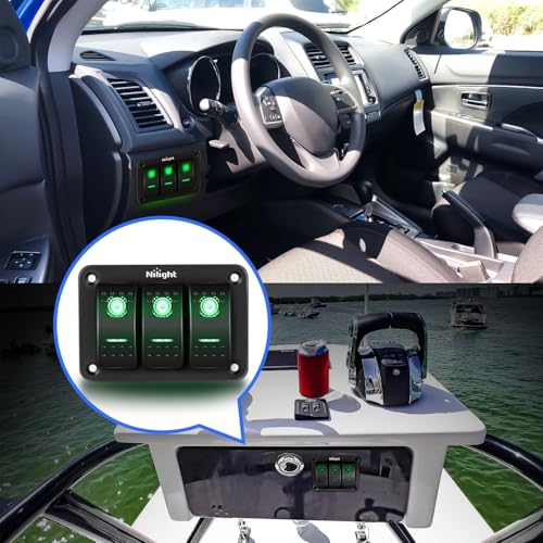 Image of Nilight 3 Gang Rocker Switch Panel SPST On Off Toggle with DIY Label Sticker | 5PIN Electrical 12V /20A 24V /10A Aluminum Plate with Pre-Wired Jumper Wires for LED Light Bar RV Boats 4X4 Cars Green