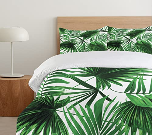Ambesonne Palm Leaf Duvet Cover Set, Realistic Vivid Leaves Of Palm Tree Growth Ecology Botany Themed Print, Decorative 3 Piece Bedding Set With 2 Pillow Shams, Queen Size, Fern Green White #TOP4