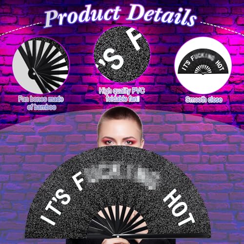 Image of FairySandy Large Rave Fan UV Glow Clack Summer Hand Fan with Thigh Holster for Women Carnival Party Supplies for Carnival Edm Music Festival Club Accessories(Cool Style,Black)