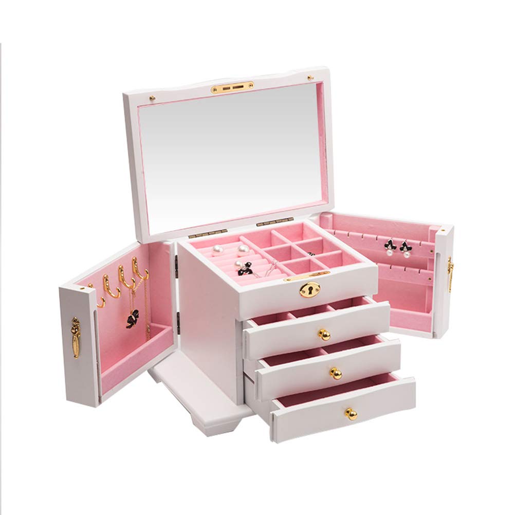 Joyero Grande de Madera con Cerradura, Elegante Organizador para Anillos, Pendientes, Pulseras, Regalo Ideal para Amigos y Familiares, Madera de Pino, 27,8 * 18,8 * 19,7 CM (Blanca)