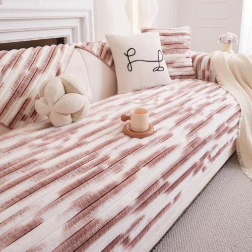 Image of HOMETHREADS 600GSM Thick & Soft Rabbit Fur Plush Sofa Cover-Luxurious Cozy Slipcover, Washable & Pet-Friendly, Anti-Scratch Protector for Sofas (Faux Linning White Pink, 1Pc Backrest | 70x70cm)